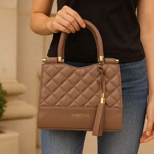 Bebe Quilted Taupe Satchel Handbag Gold Logo Braided Handle Crossbody NWT 9X7.5
